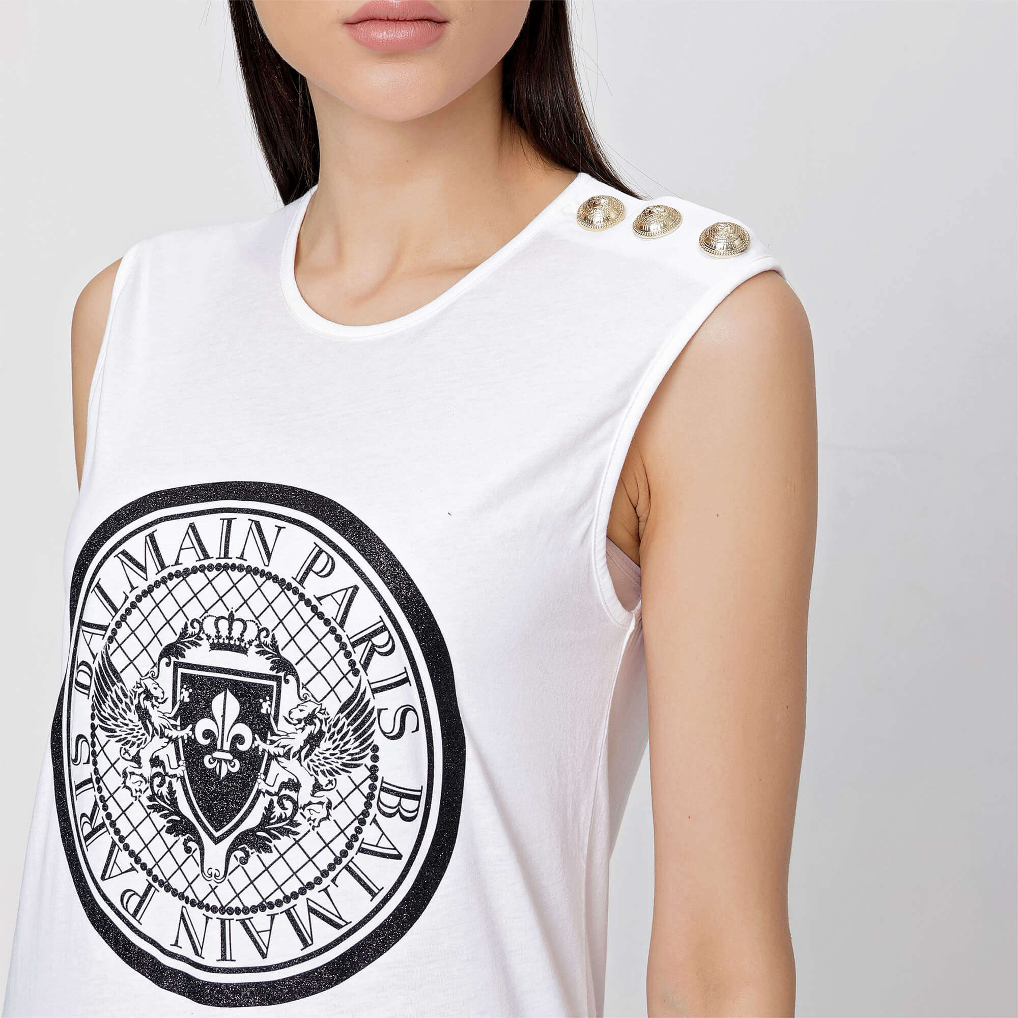 Balmain - White Black Silvery  Iconic Logo & Button Sleeveless